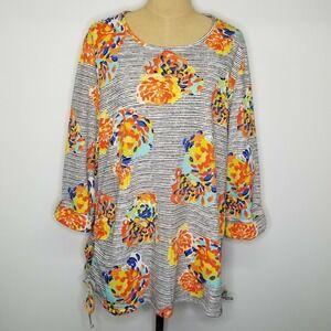 Kim Rogers Women's Tunic XL Black Orange Blue Floral Roll Tab‎ Sleeve Scoop Neck